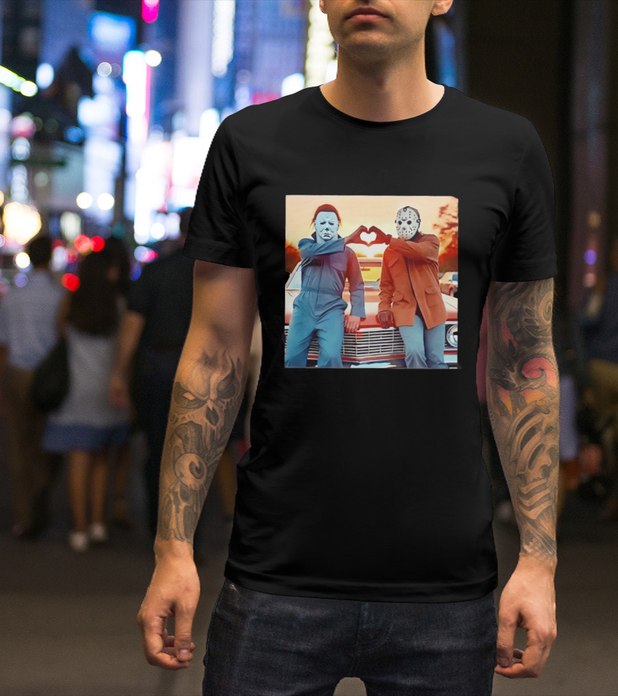 Jason Voorhees Michael Myers Heart Sign Halloween Retro Car Sunset T-Shirt