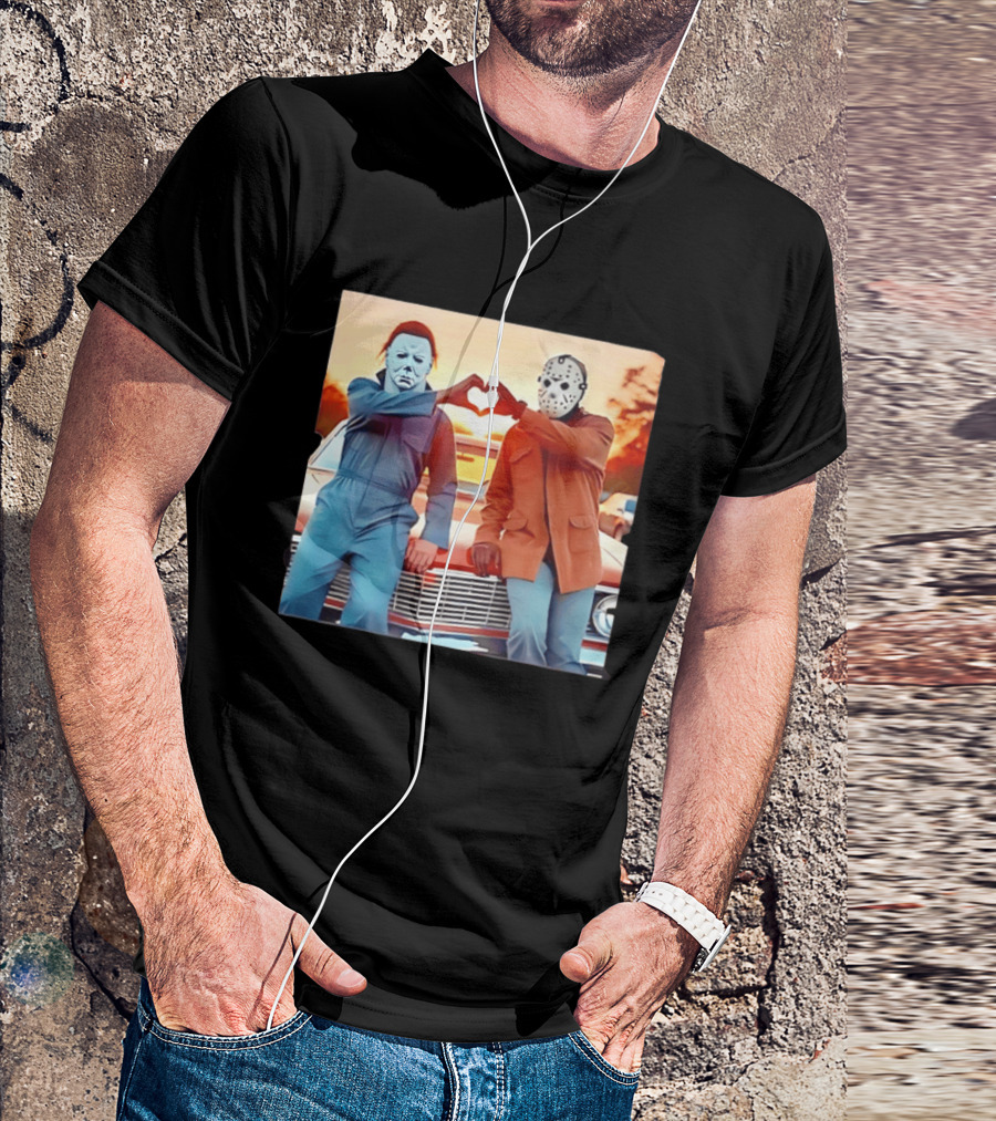 Jason Voorhees Michael Myers Heart Sign Halloween Retro Car Sunset T-Shirt
