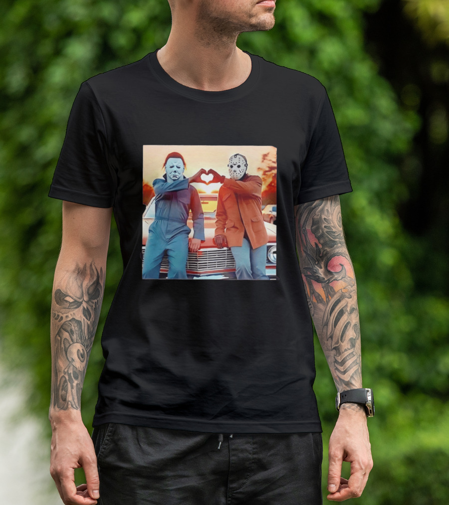 Jason Voorhees Michael Myers Heart Sign Halloween Retro Car Sunset T-Shirt
