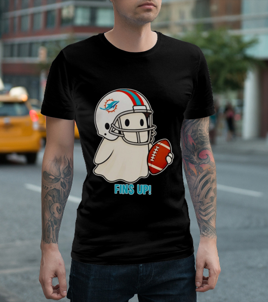 Miami Dolphins Ghost Fins Up Halloween 2026 Football Fan Gear T-Shirt