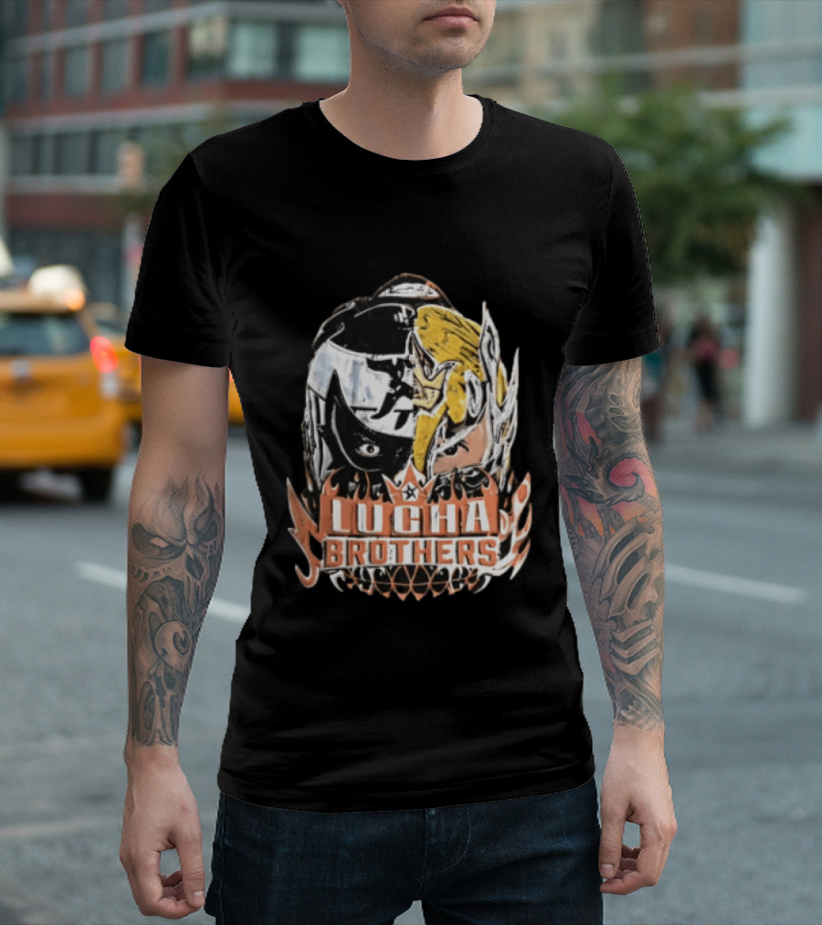 Lucha Brothers Masked Wrestlers Flames T-Shirt