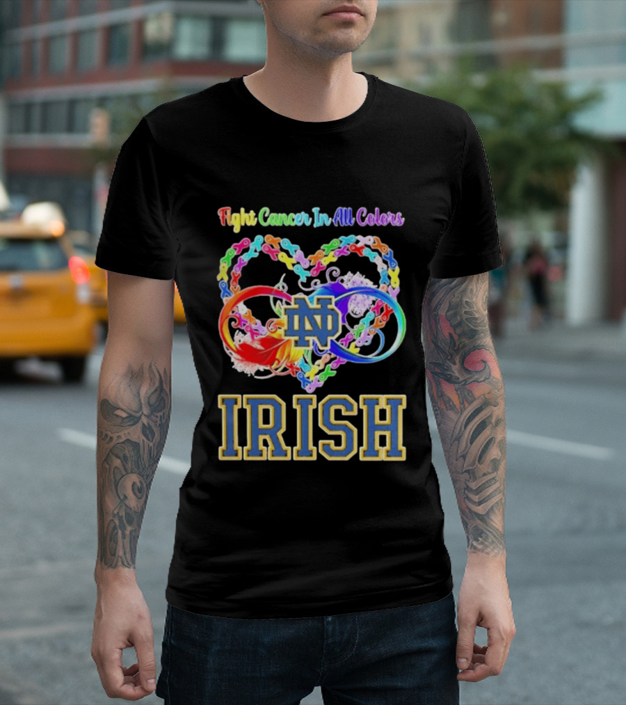 Fight Cancer In All Colors Notre Dame Irish Cancer Awareness Ribbon Heart T-Shirt