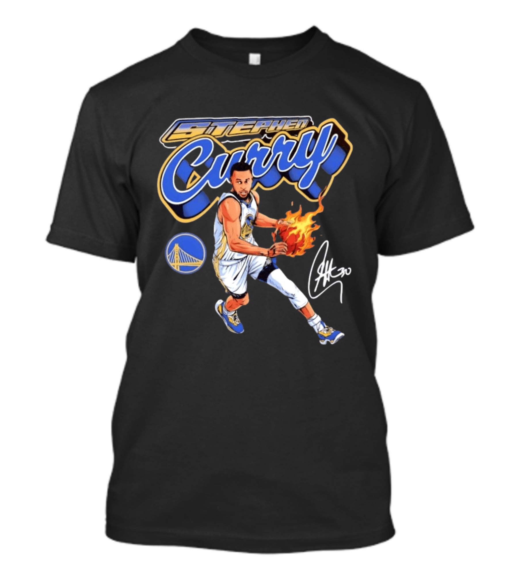 Stephen Curry Golden State Warriors Basketball Player With Flame Ball And Signature T-Shirt