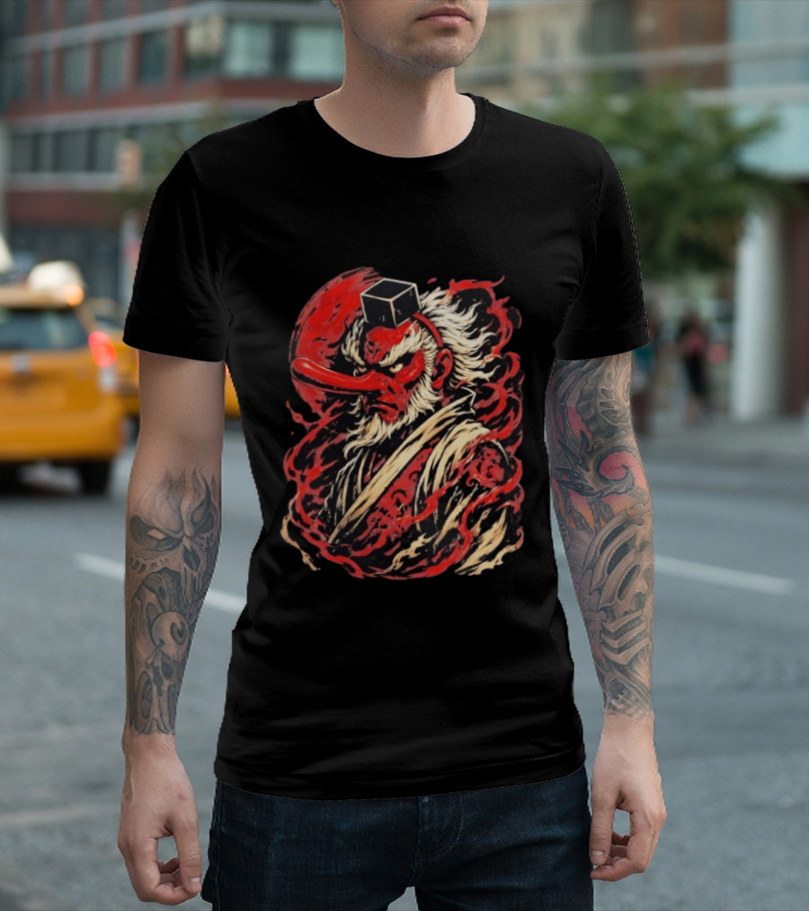 Tengu Japanese Warrior Spirit Mask Mythical Yokai Flame Aura T-Shirt