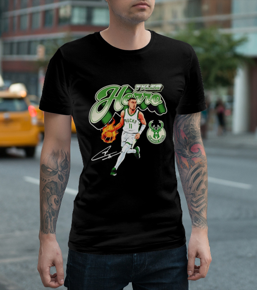 Tyler Herro Milwaukee Bucks Basketball Fireball Cursive Script T-Shirt