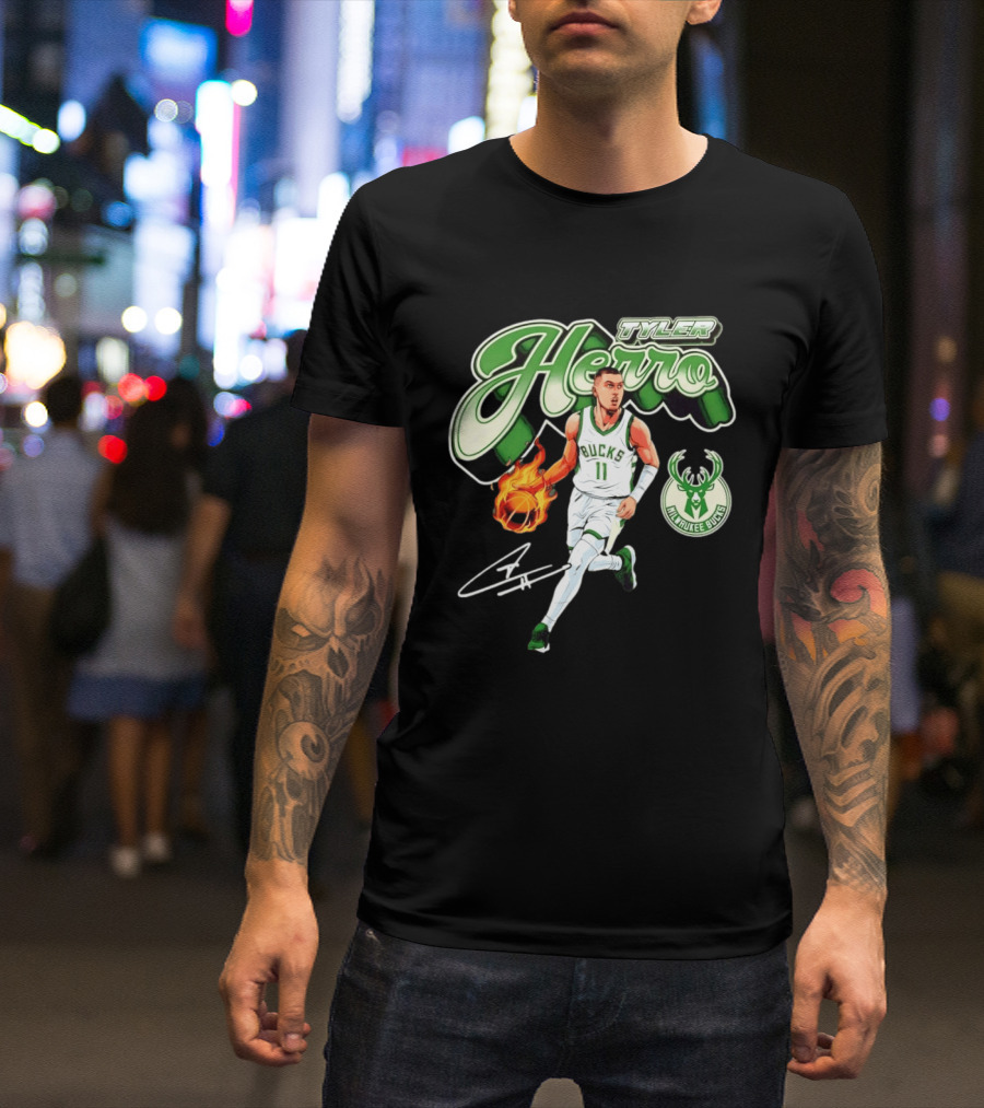 Tyler Herro Milwaukee Bucks Basketball Fireball Cursive Script T-Shirt