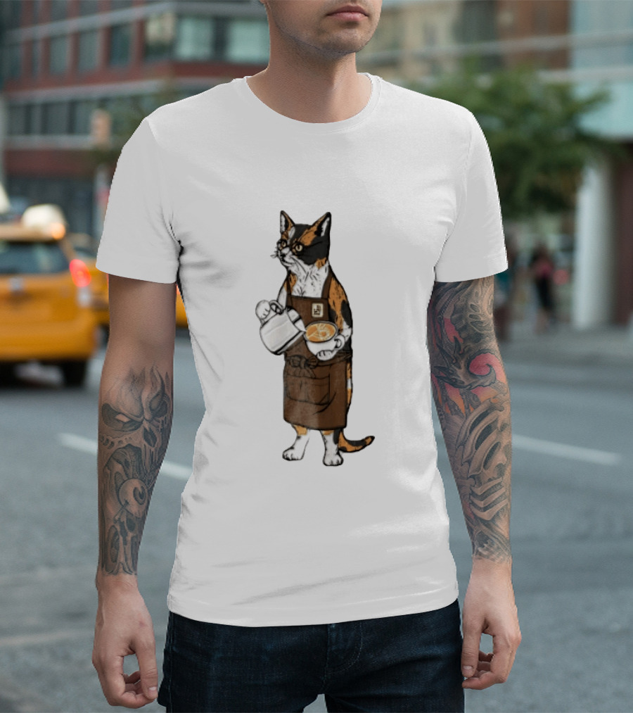 Cat Wearing Glasses And Apron Pouring Latte Art Coffee T-Shirt