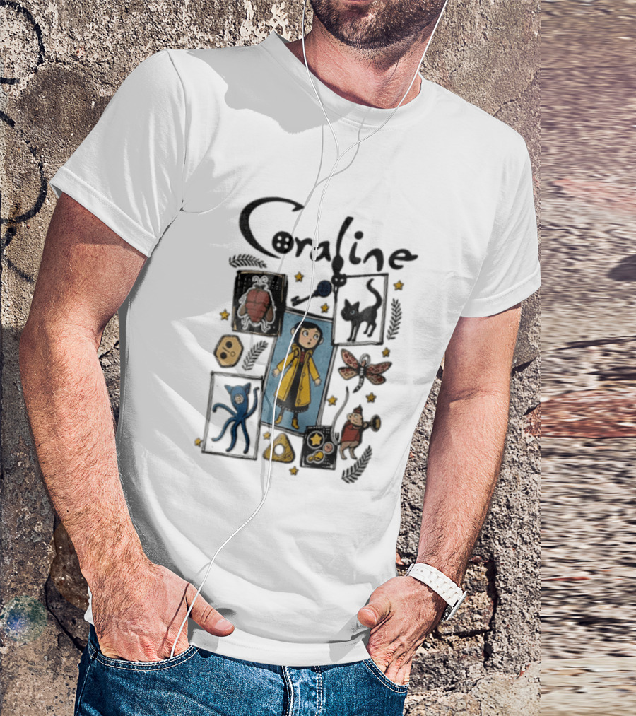 Coraline In Yellow Raincoat With Black Cat And Stars With Button Eyes T-Shirt