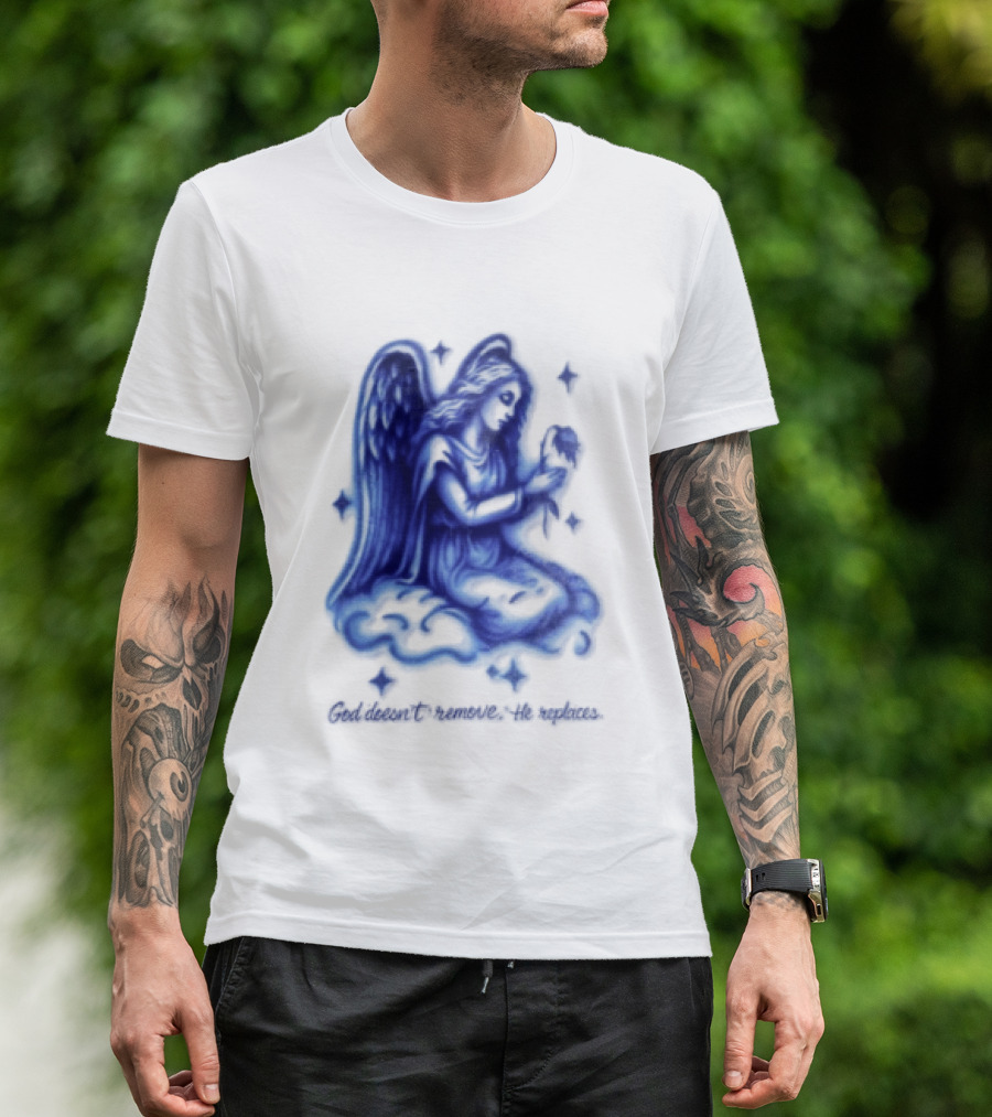 Angel Kneeling On Cloud Holding Flower God Does Not Remove He Replaces T-Shirt