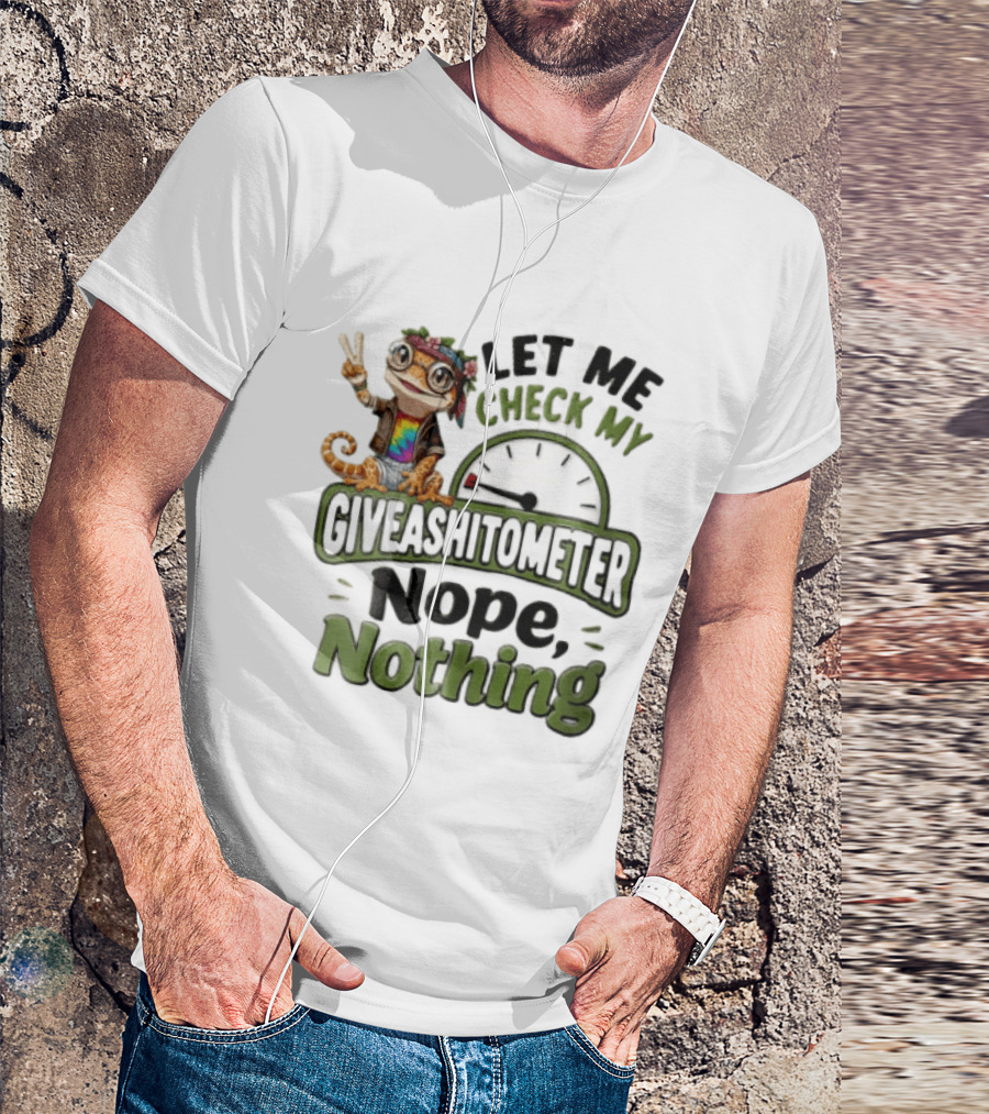 LET ME Check MY Giveashitometer Nope Nothing Cartoon Gecko Peace Sign T-Shirt
