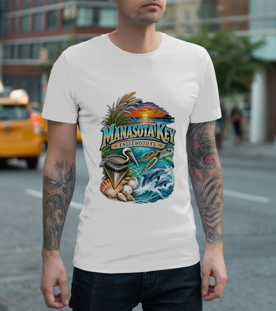 Manasota Key Englewood FL Beach Scene With Pelican Dolphins Shells And Sunset T-Shirt