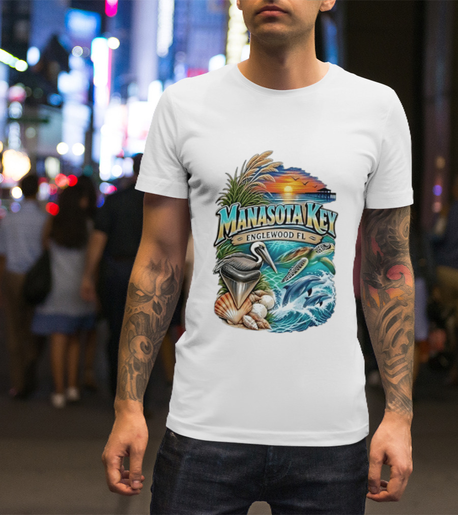 Manasota Key Englewood FL Beach Scene With Pelican Dolphins Shells And Sunset T-Shirt