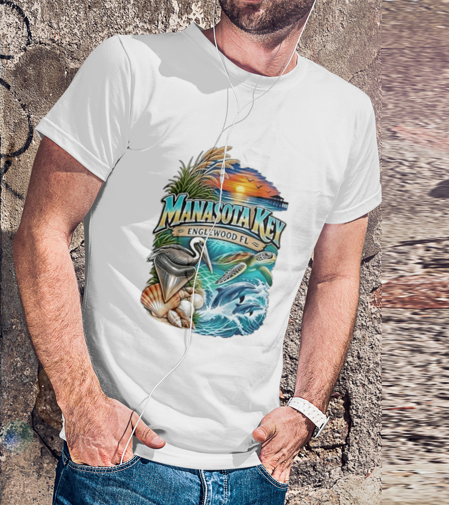 Manasota Key Englewood FL Beach Scene With Pelican Dolphins Shells And Sunset T-Shirt