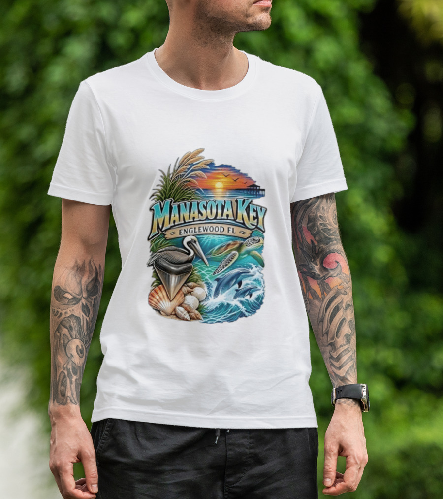 Manasota Key Englewood FL Beach Scene With Pelican Dolphins Shells And Sunset T-Shirt