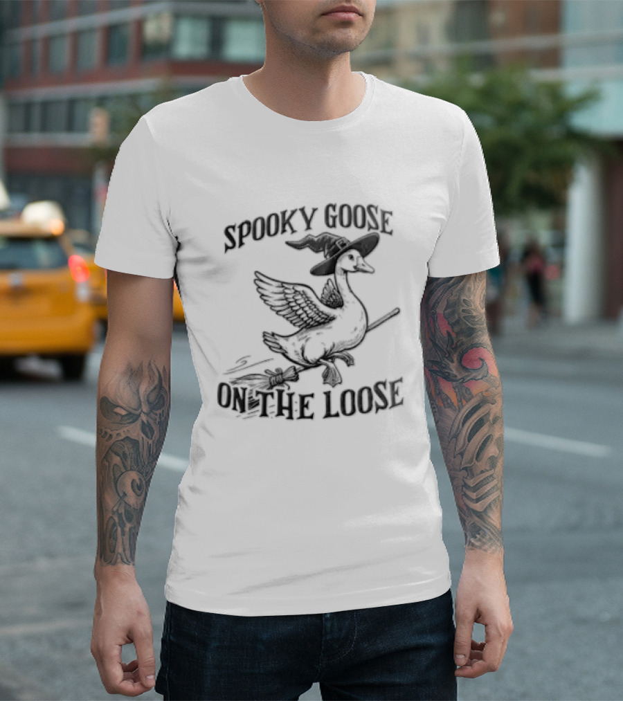 Spooky Goose On The Loose Halloween Witch Hat Broomstick T-Shirt