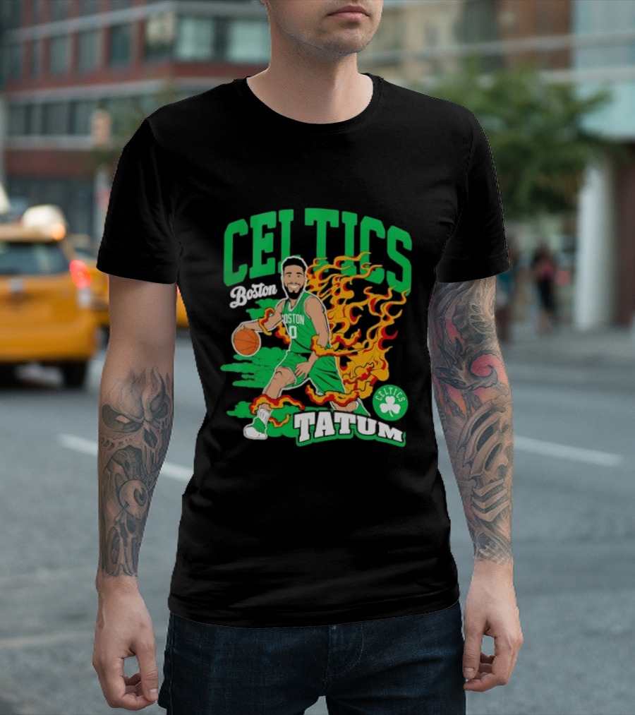 Boston Celtics Jayson Tatum Fired Up Basketball Flames T-Shirt
