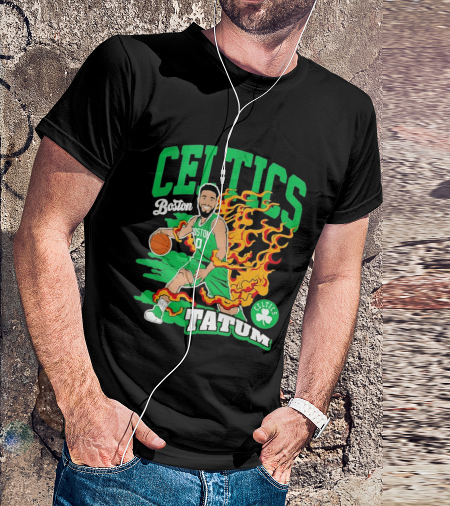 Boston Celtics Jayson Tatum Fired Up Basketball Flames T-Shirt
