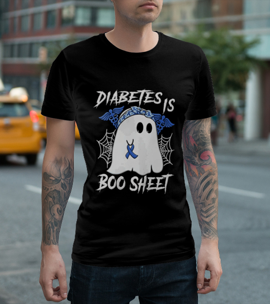Diabetes IS BOO Sheet Ghost With Blue Ribbon Headband Halloween T-Shirt