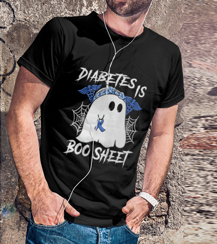 Diabetes IS BOO Sheet Ghost With Blue Ribbon Headband Halloween T-Shirt