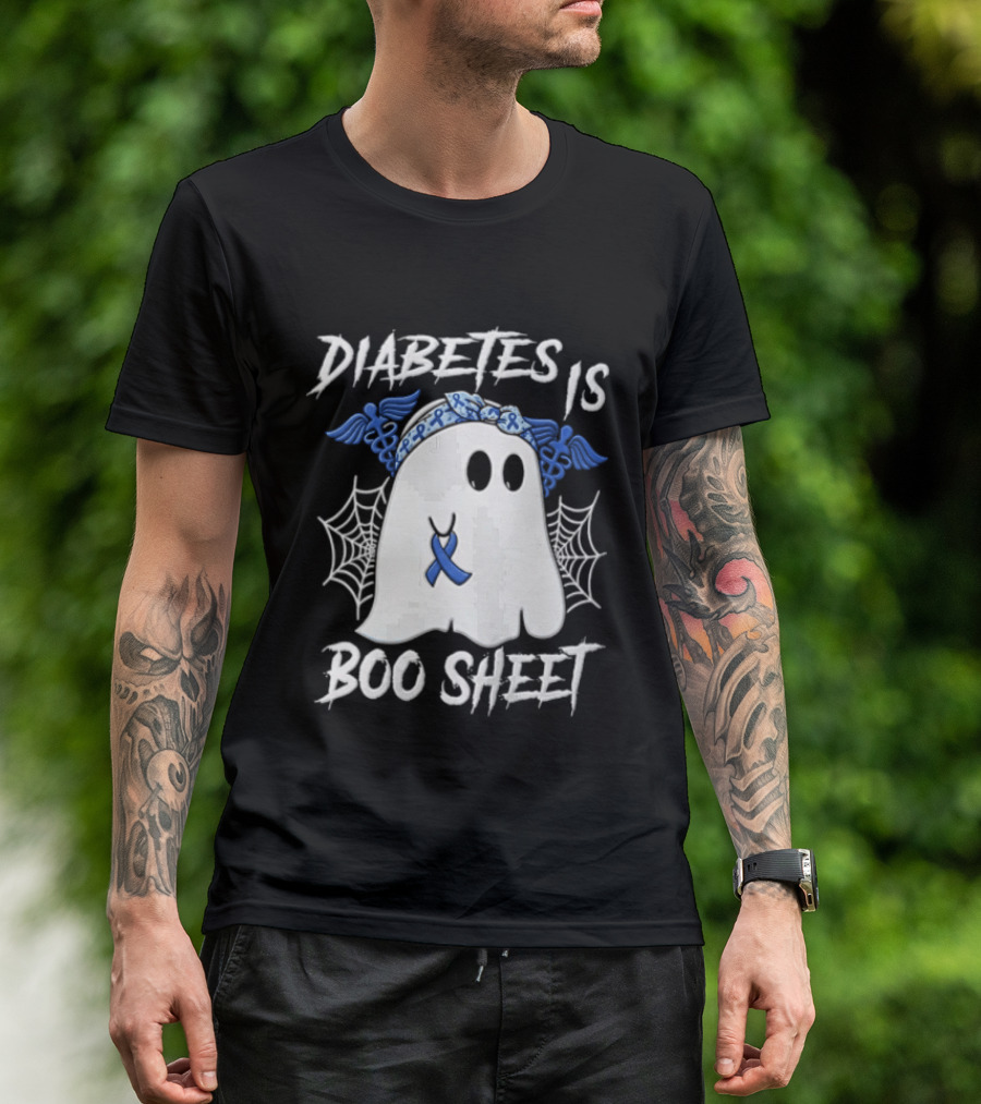 Diabetes IS BOO Sheet Ghost With Blue Ribbon Headband Halloween T-Shirt