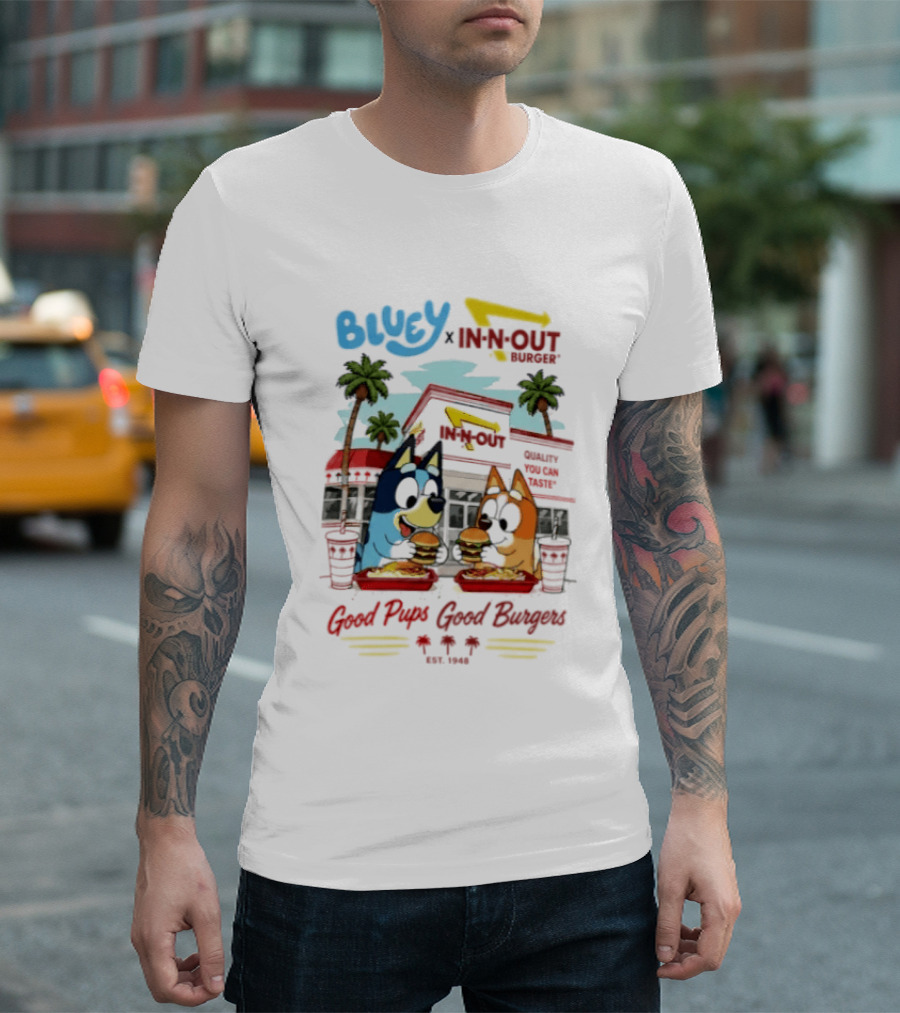 Bluey X In N Out Burger Good Pups Good Burgers Palm Tree Friends Eating T-Shirt