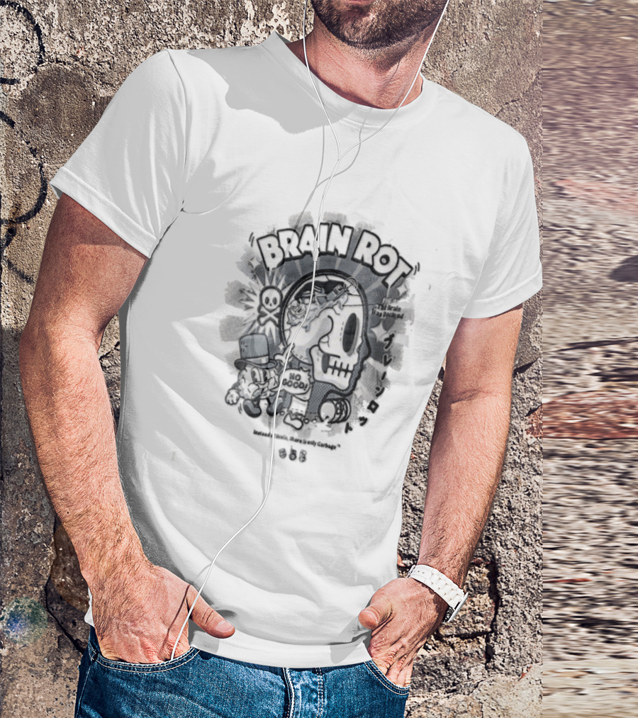 BRAIN ROT Skull Top Hat No Good Text Vintage Cartoon T-Shirt