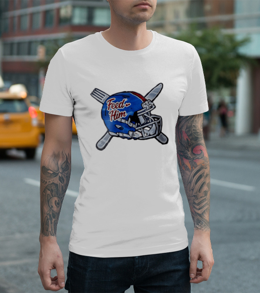 Feed Him Blue Football Helmet Crossed Utensils Fork Knife T-Shirt