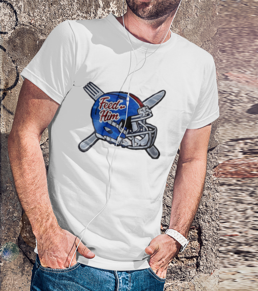Feed Him Blue Football Helmet Crossed Utensils Fork Knife T-Shirt