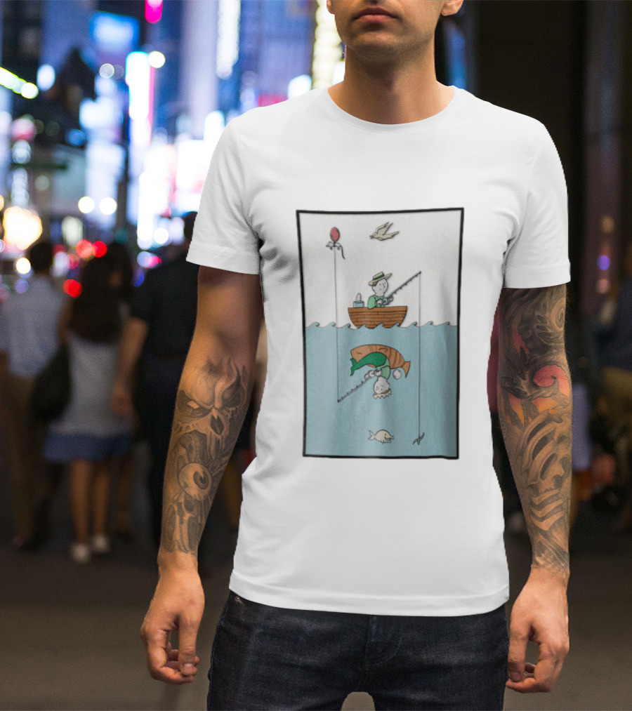 Fisherman In Boat Catching Hidden Mermaid With Fishing Line T-Shirt