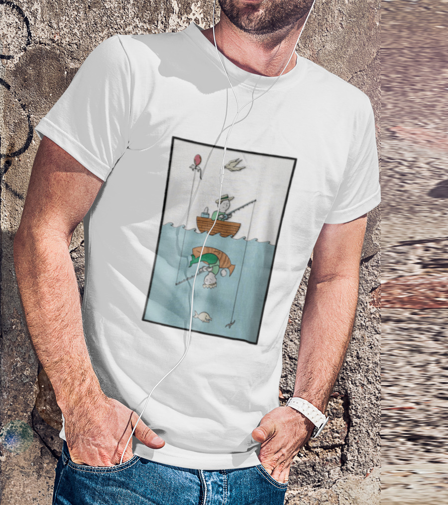 Fisherman In Boat Catching Hidden Mermaid With Fishing Line T-Shirt