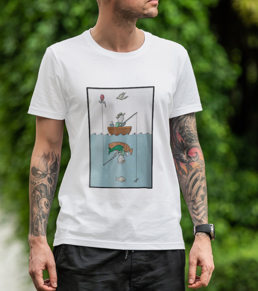 Fisherman In Boat Catching Hidden Mermaid With Fishing Line T-Shirt