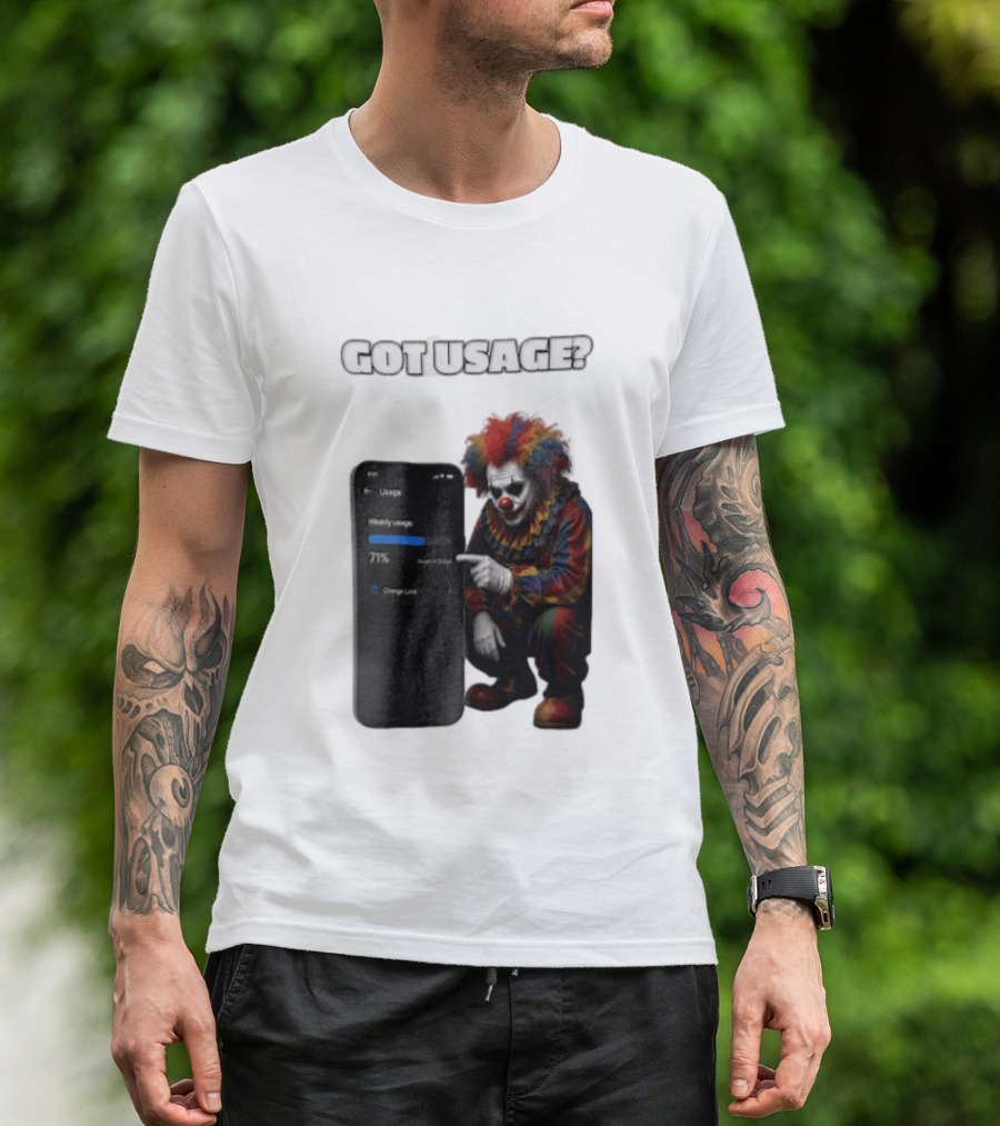 GOT Usage Clown Pointing At Smartphone Screen Weekly Usage 71% T-Shirt