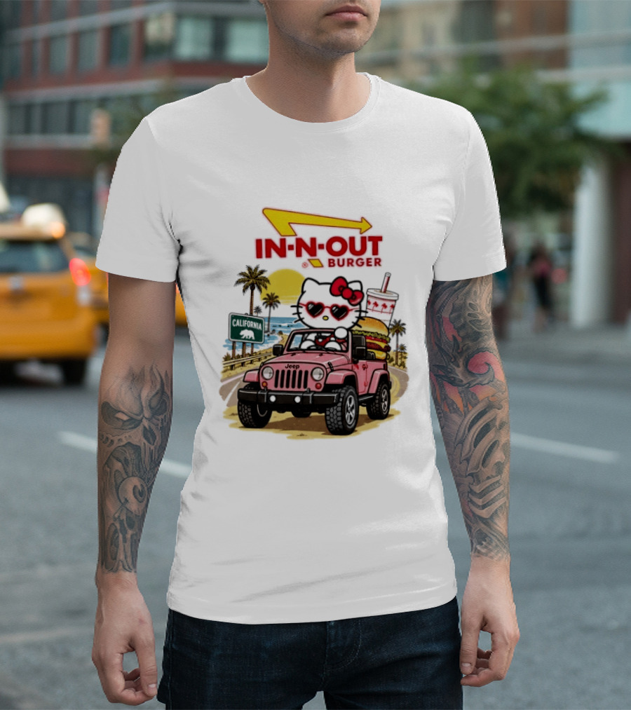 Hello Kitty In Pink Jeep With In N Out Burger California Adventure T-Shirt