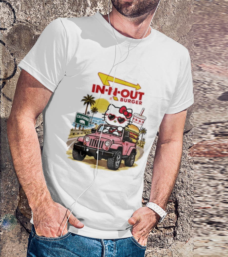 Hello Kitty In Pink Jeep With In N Out Burger California Adventure T-Shirt