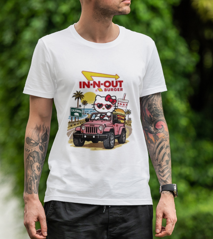 Hello Kitty In Pink Jeep With In N Out Burger California Adventure T-Shirt