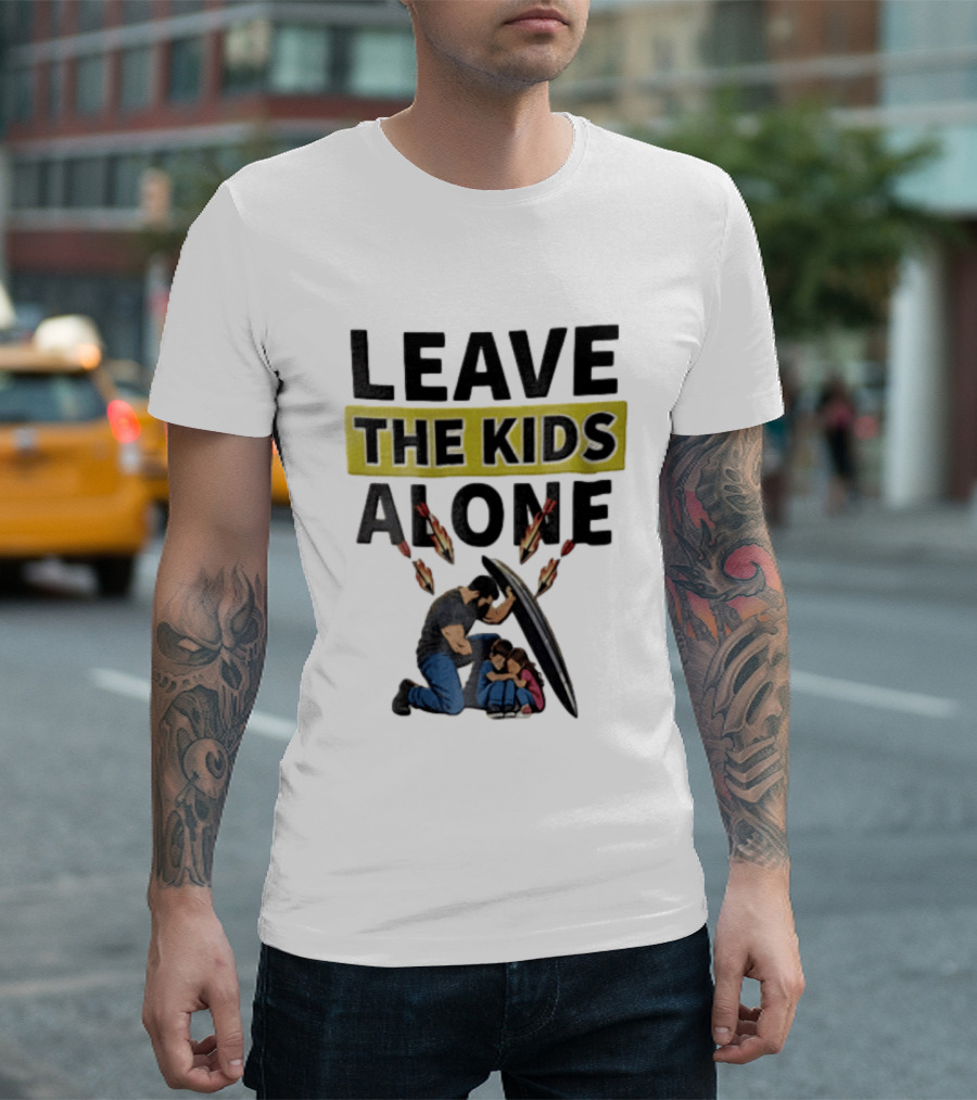 Leave The Kids Alone Bearded Man Shielding Children From Arrows T-Shirt