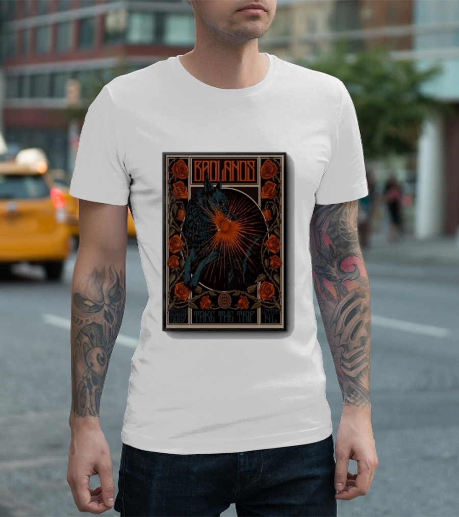 BADLANDS Festival Aug 20 22 2027 Take The Trip Stokterweg 14 Lottum Netherlands Retro Wolf And Roses T-Shirt