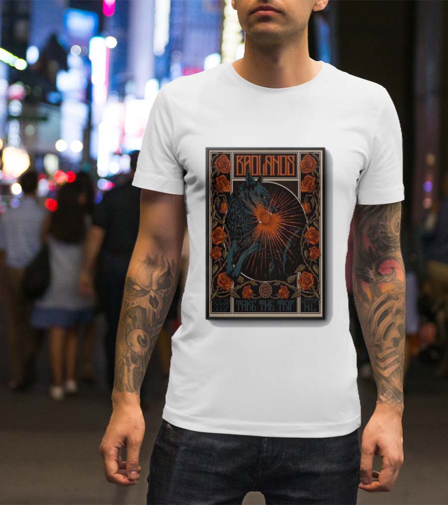 BADLANDS Festival Aug 20 22 2027 Take The Trip Stokterweg 14 Lottum Netherlands Retro Wolf And Roses T-Shirt