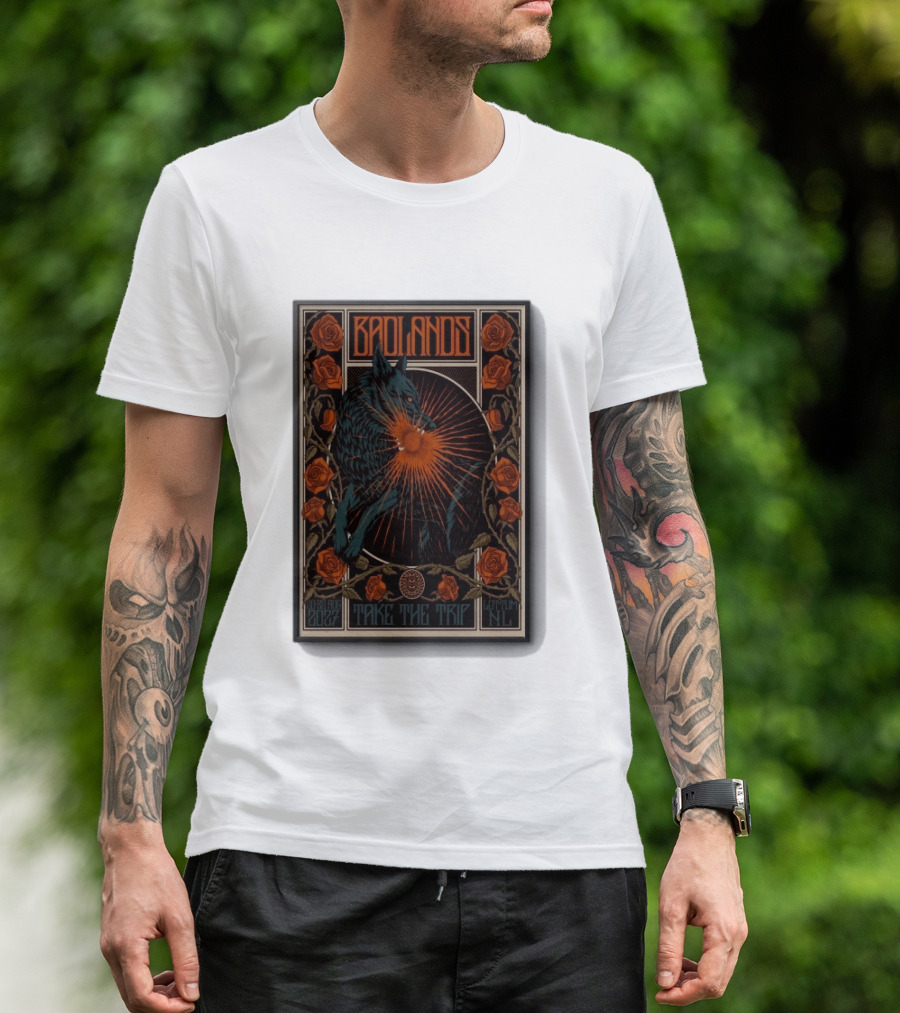 BADLANDS Festival Aug 20 22 2027 Take The Trip Stokterweg 14 Lottum Netherlands Retro Wolf And Roses T-Shirt