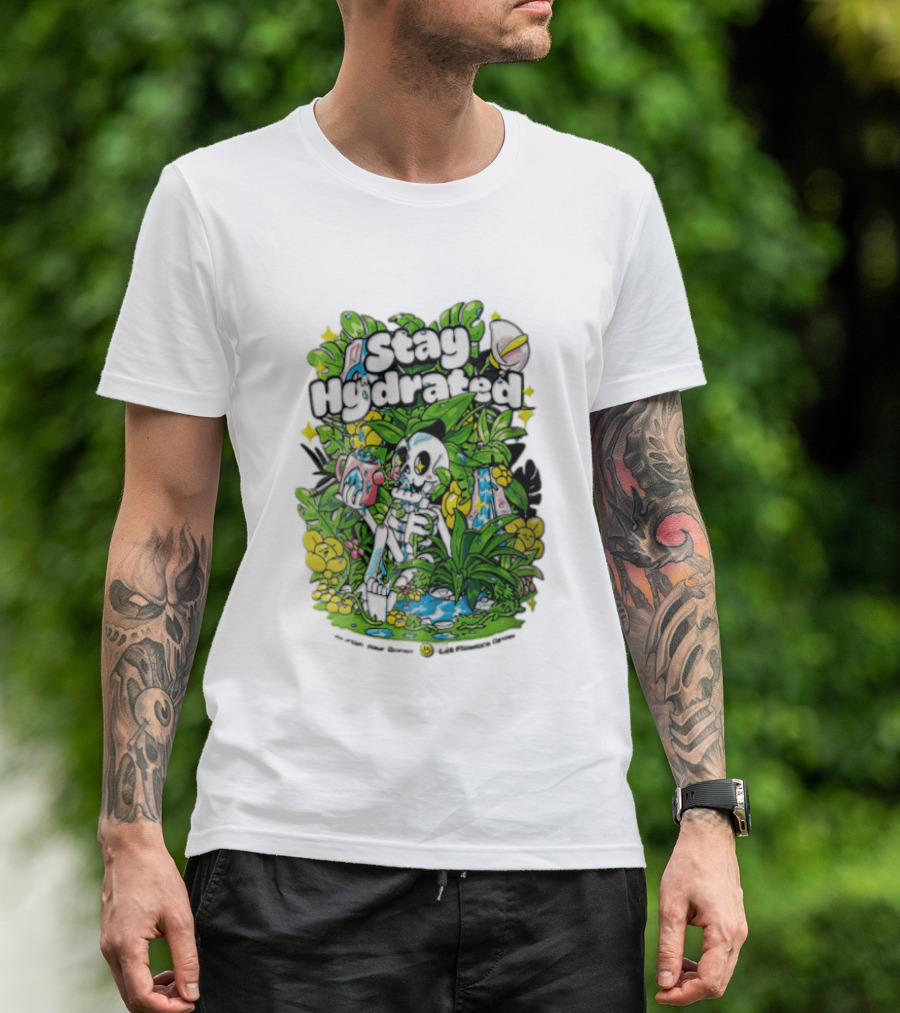 Stay Hydrated Quirky Skeleton Watering Lush Greenery And Flowers T-Shirt