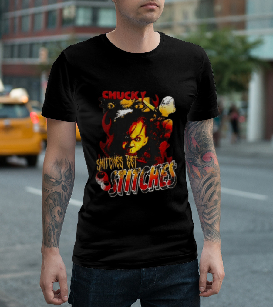 Chucky Snitches Get Stitches Horror Doll With Knife And Eyeballs T-Shirt