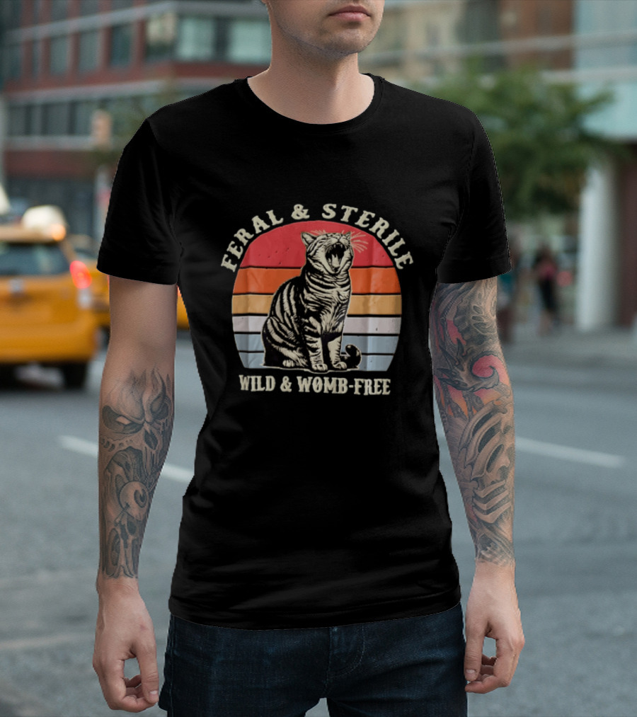 Feral And Sterile Yawning Tabby Cat Wild And Womb Free Sunset Stripes T-Shirt