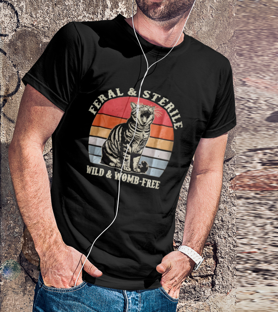Feral And Sterile Yawning Tabby Cat Wild And Womb Free Sunset Stripes T-Shirt