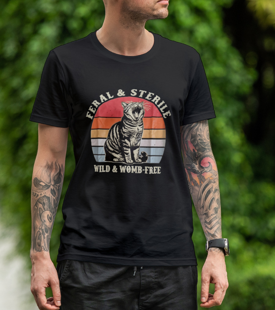 Feral And Sterile Yawning Tabby Cat Wild And Womb Free Sunset Stripes T-Shirt