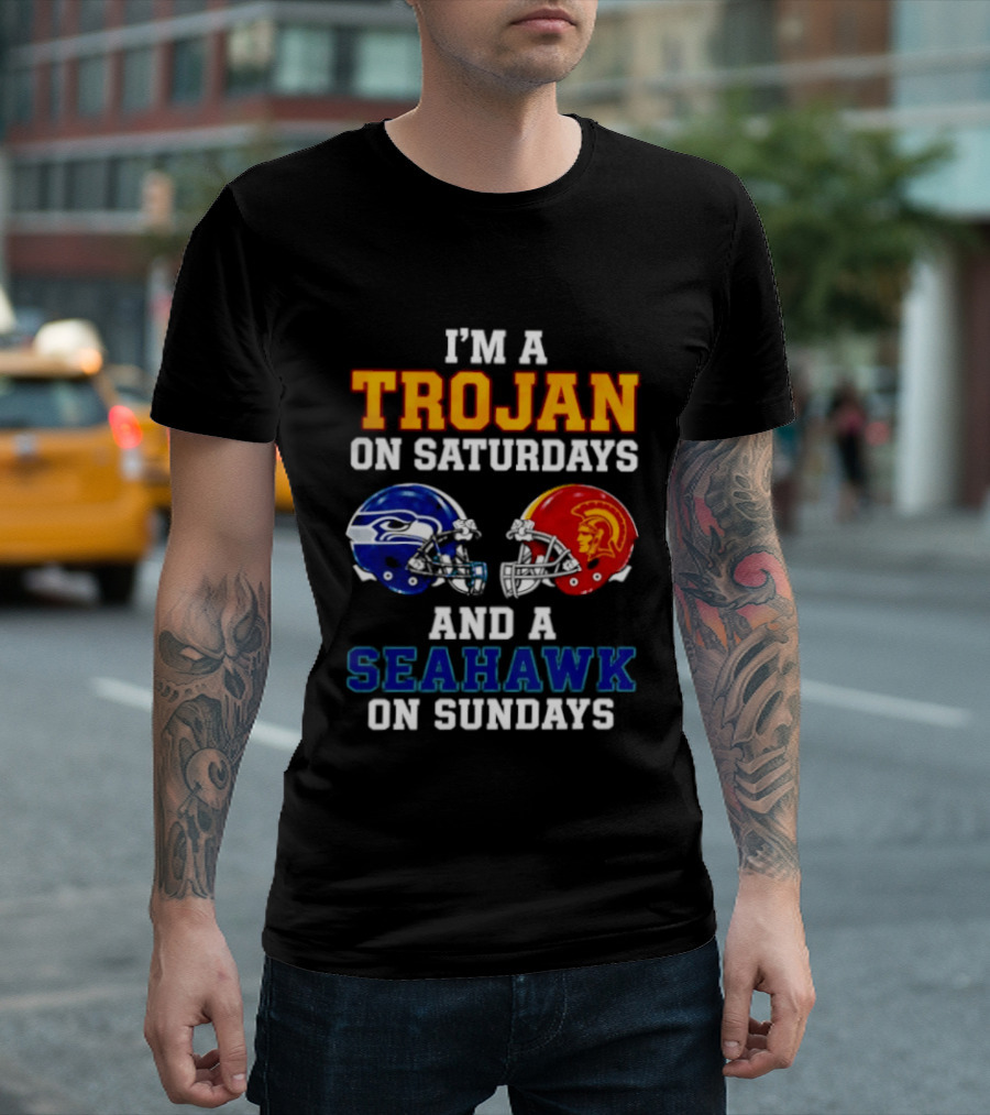 I'm A Trojan On Saturdays And A Seahawk On Sundays Football Helmets T-Shirt
