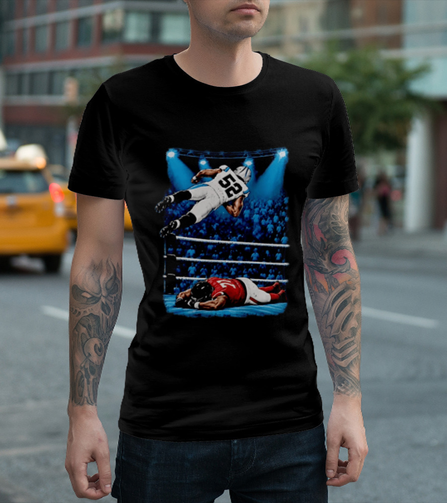 Football Player 52 Jumping Over Opponent In Wrestling Ring Spotlight Crowd T-Shirt