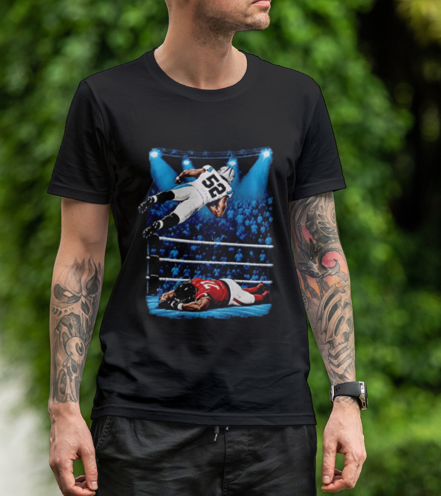 Football Player 52 Jumping Over Opponent In Wrestling Ring Spotlight Crowd T-Shirt