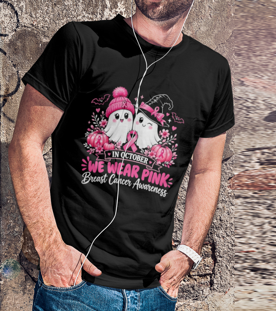 In October We Wear Pink Breast Cancer Awareness Ghost Pumpkin Witch T-Shirt