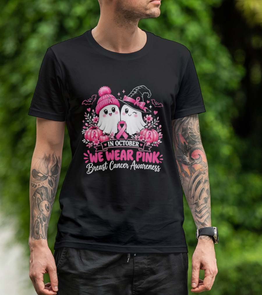 In October We Wear Pink Breast Cancer Awareness Ghost Pumpkin Witch T-Shirt
