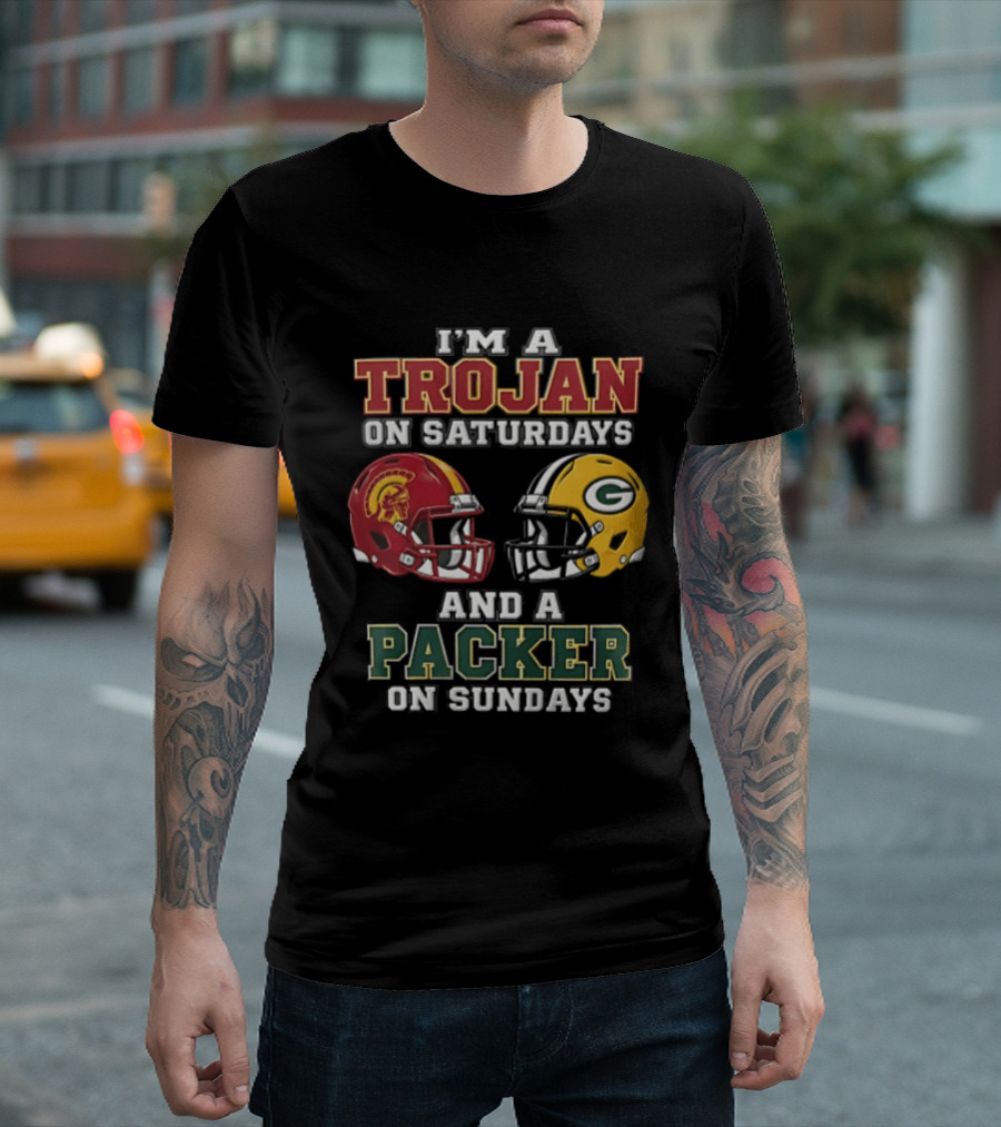 I'm A Trojan On Saturdays Packer On Sundays Football Helmets T-Shirt